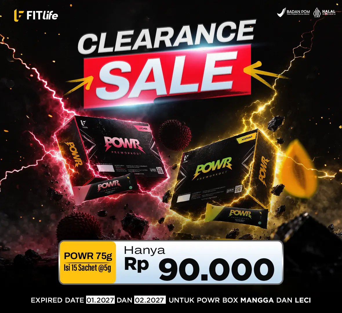 (CLEARANCE SALE) FITlife POWR 75g Isi 15 SACHET (MANGO / LYCHEE) EXP 01/2027