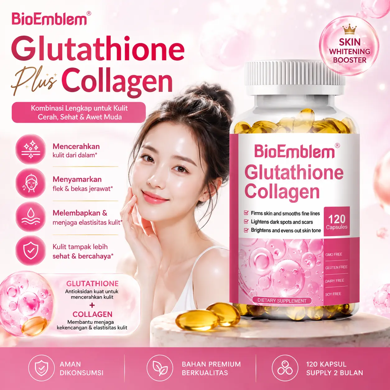 Glutathione Collagen Capsules Mengandung Vitamin C Dan L-Cystine 120 Capsules Whitening Kapsul memutihkan tubuh