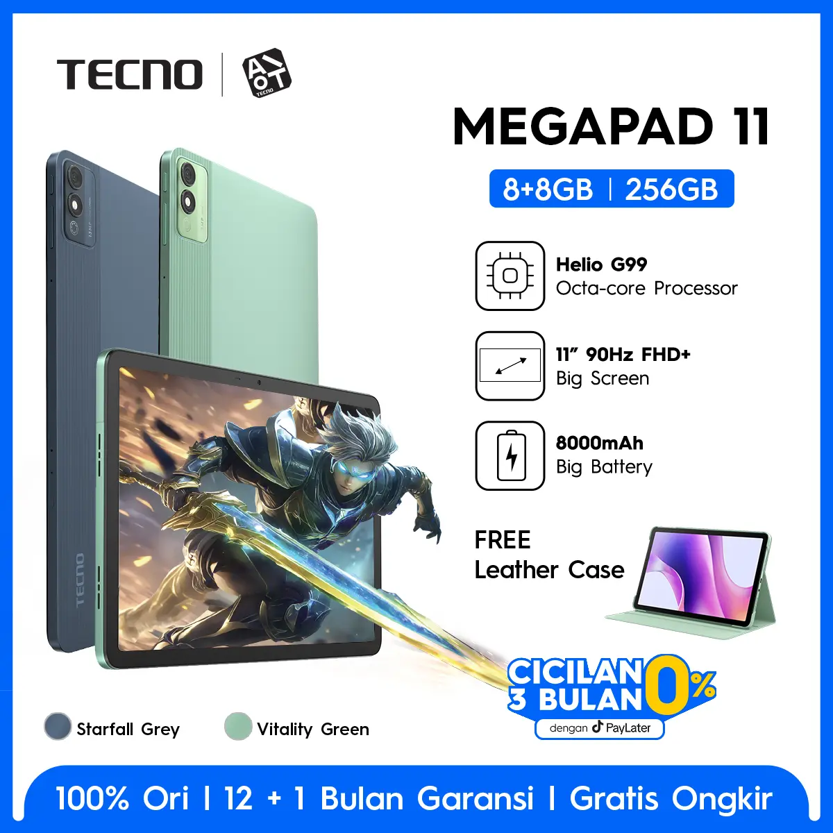 TECNO MEGAPAD 11 - 8+8GB*/256GB, 11inch Ultra Screen, Eye Care Mode, Sim Card + T-Flash, 8000mAh, 18W Fast Charging, MediaTek Helio G99, Android 14