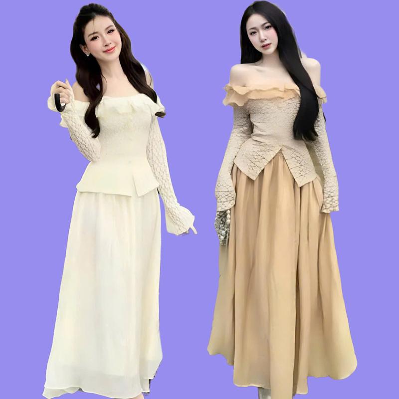 Bộ đầm váy nữ áo len ren dài tay trễ vai mix chân váy tơ dáng dài xòe xinh xắn dành cho các nàng diện đi chơi đi tiệc