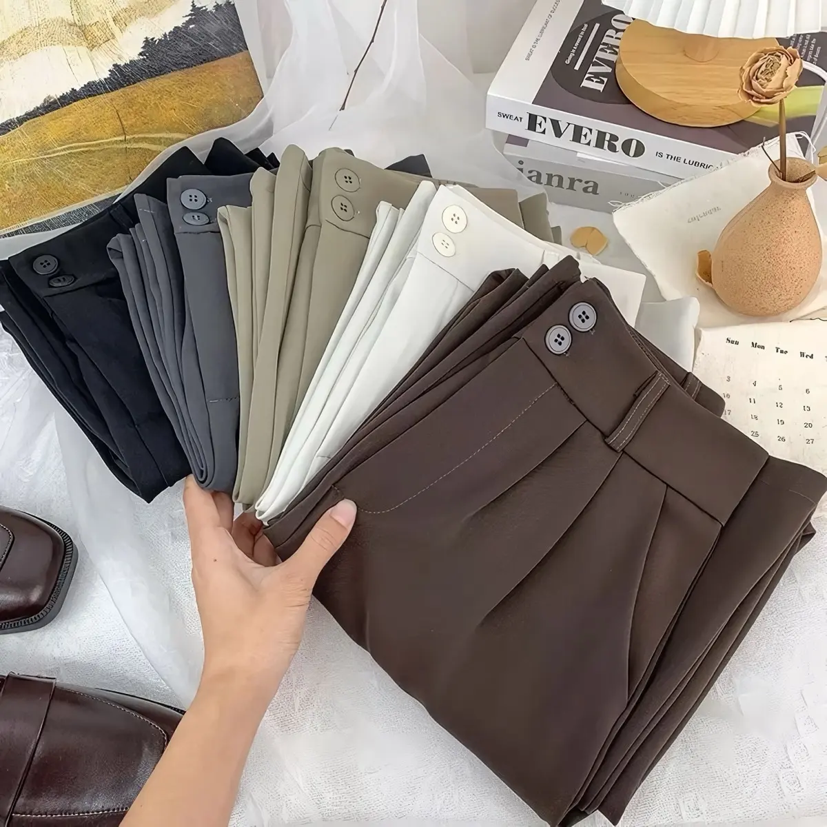Celana Loose Pants Highwaist PREMIUM Double Kancing - Celana Kulot Wanita Anti Kusut Polyester Tebal - Outfit Casual Formal Kerja Kantor Kain Nyaman Panjang Variasi Hitam Putih