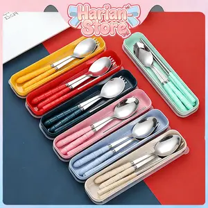 (Harian-Store)Alat Makan Garpu Sendok Sumpit H1082 3In1 Set Plus Box Peralatan Makan Portable Luar Ruangan