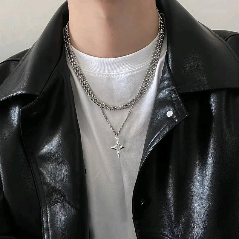 Kalung Double Layer Liontin Salib Bintang Gaya Hip Hop Titanium Anti Karat Pria Wanita Silver Stainless 1