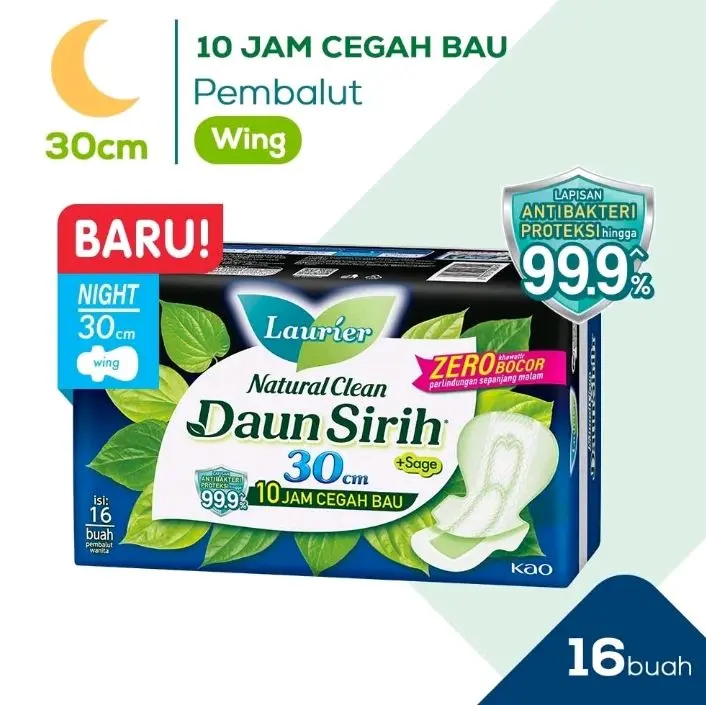 Laurier Pembalut Wanita Natural Clean Daun Sirih Night 30cm Wing 16 pads - Cegah Bau Anti Bakteri 99.9%