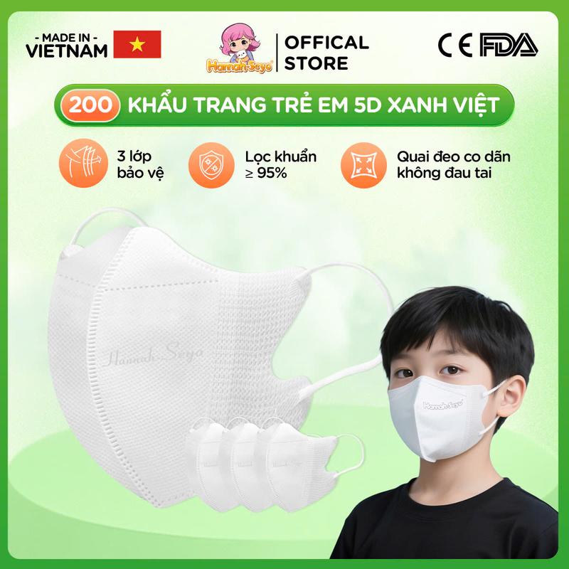 [COMBO 200C 5D KID] Khẩu Trang 5D Trẻ Em XANH VIỆT Cho Bé Từ 1 - 12 Tuổi Loại 5D Chống Tia UV, Chống Nắng, Bụi Mịn 3 lớp Hannah Seyo