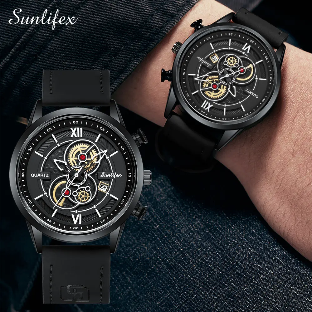 【003 Harga telah diganti, cepat beli】Sunlifex Jam Tangan Pria  Tanggal Analog Santai Kuarsa Tali Kulit Jam Tangan Cowok  SL9113