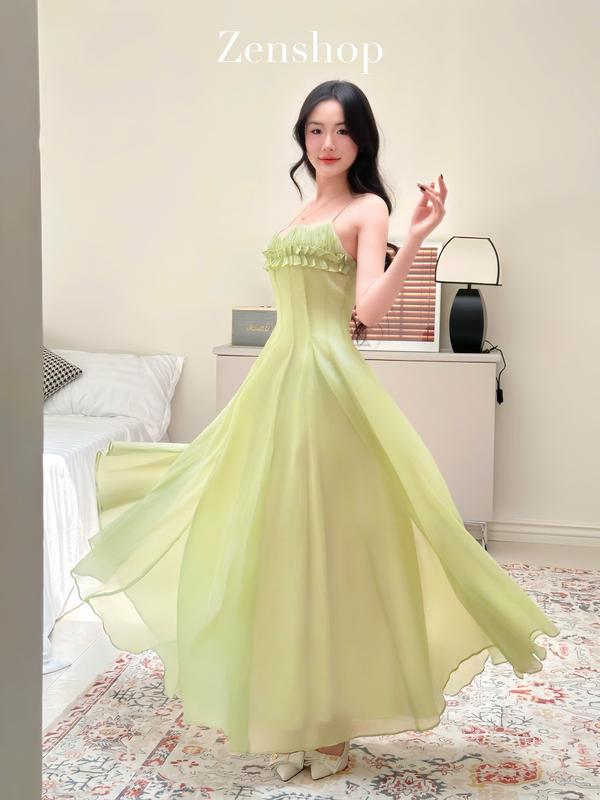 Đầm 2 dây Maxi Voan Dáng Dài Nhún Bèo Lưng nhún thun | Phong Cách Nàng Thơ, Dịu Dàng - Hola Dress