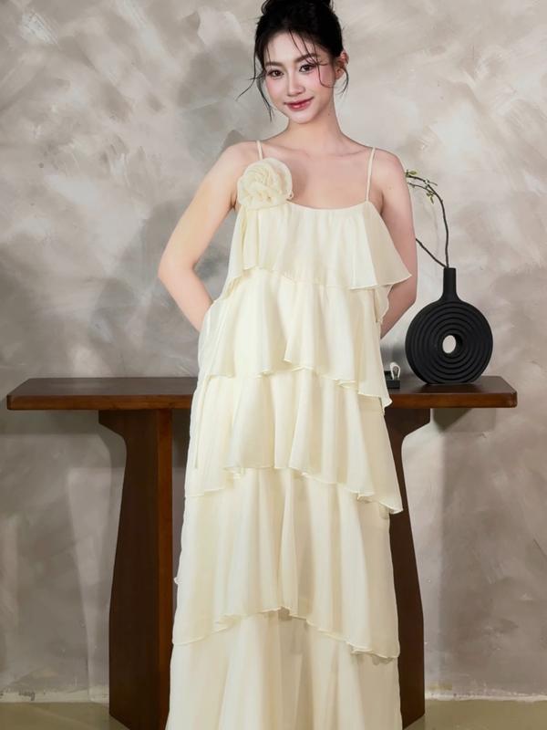 Đầm maxi tầng vải voan Evelyn Dress tặng dây hoa váy đi biển dáng dài bồng nhẹ tiểu thư phù hợp mùa hè mùa thu ENKA VIETNAM