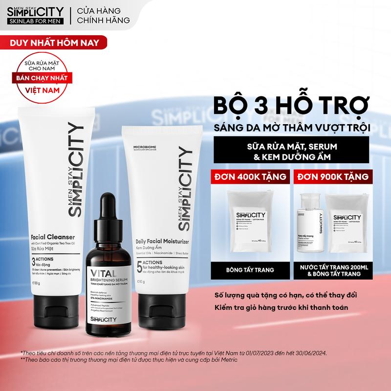 Bộ sản phẩm hỗ trợ sáng da, mờ thâm cho nam Men Stay Simplicity Brightening Trio gồm Sữa rửa mặt 100g, Serum Vital 30ml & Kem Dưỡng Ẩm 80g