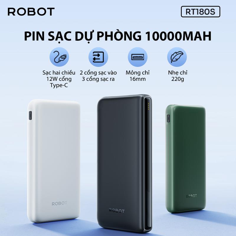 Pin sạc dự phòng ROBOT RT180S 10000mAh Sạc hai chiều 12W cổng Type-C 2 cổng sạc vào 3 cổng sạc ra