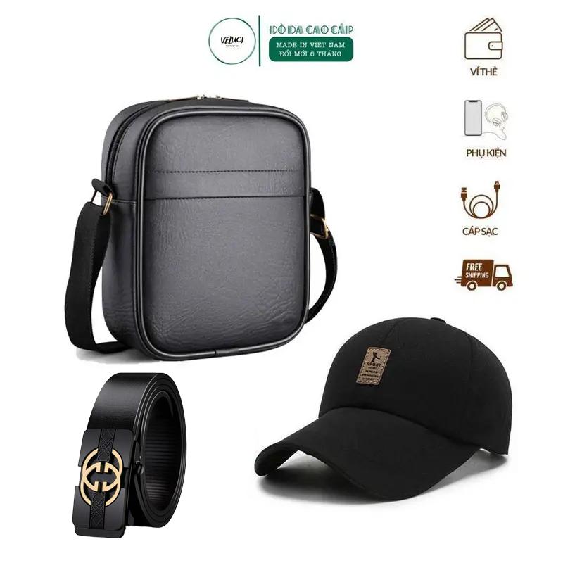COMBO 3 món: 1 túi đeo chéo da - 1 mũ nam - 1 thắt lưng mạ kim loại zin3 Veluci