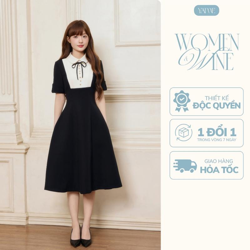 YAME - Váy Dài Thiết Kế Nữ Cổ Sơ Mi Phối Yếm Chiết Eo Cao Dáng Bồng Xòe Màu Đen Phối Trắng Kem Thanh Lịch Công Sở Rossa YV796 
