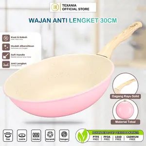 [VT] TEXANIA Wajan Anti Lengket Diameter 30cm Gagang Kayu Lembut Tahan Panas Warna Pink Kitcheanware
