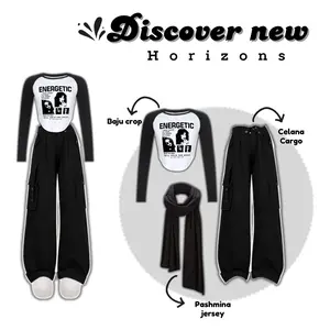 Set Pakaian Remaja Korean Style Baju Crop Dan Celana Cargo Dengan Hijab Pashmina Kaos Fashion Cewek B056 - Outfit Wanita