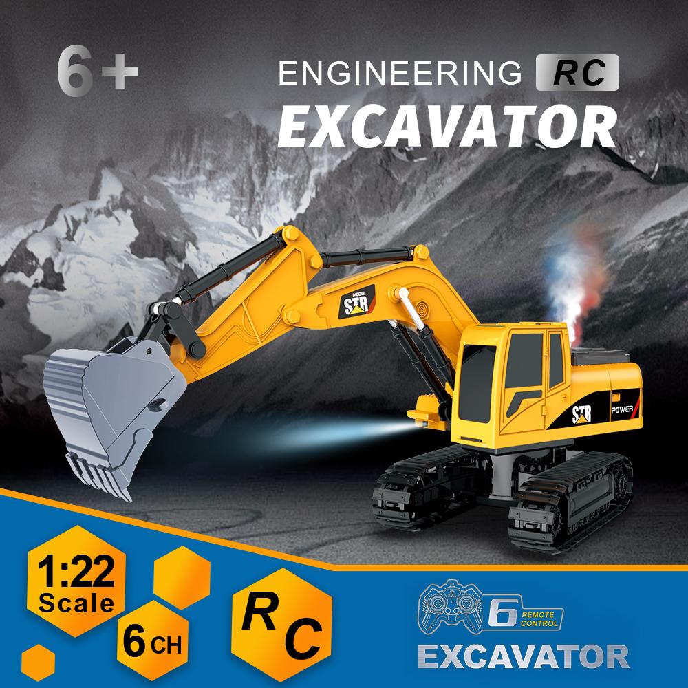 QQbaby RC Ekskavator Semprot Asap 6 Saluran Baterai 3.7V 1200mAh Mainan Alat Berat Anak dengan Lampu LED dan Suara Hidrolik