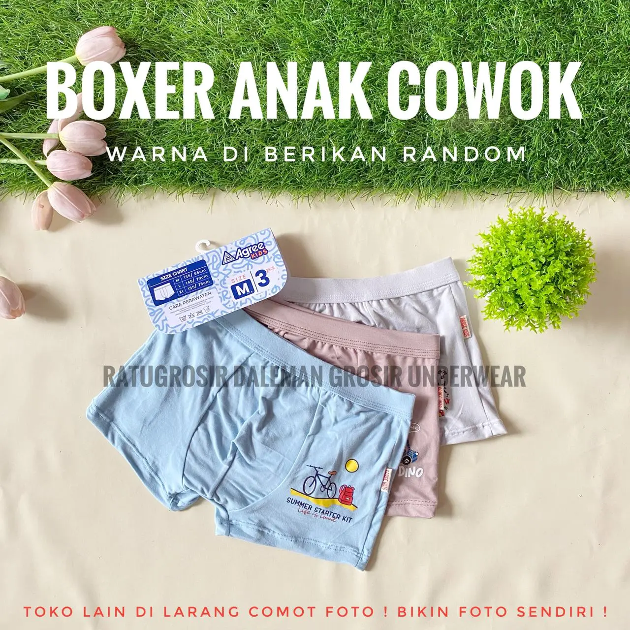 Agree Kids Boxer Anak Cowok Isi 3 Pcs Warna Warni Random CD-A619 Celana Dalam Segiempat Anak Laki Laki