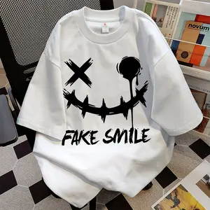 Kaos Katun, Modis, Serbaguna, Sederhana, Unik Dengan Motif Wajah Tersenyum, Lengan Pendek, Leher Bulat, Unisex.