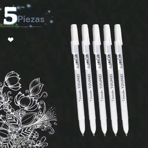 Plumones blancos (5 piezas), Set portátil de plumas de gel blanco, Pluma para escribir y dibujar para estudiantes, oficina, escuela, hogar