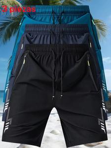 Paquete de 3 pantalones cortos deportivos para hombre de secado rápido, cintura elástica, bolsillos con cremallera, estampado reflectante, tejido transpirable, ideales para correr y uso casual
