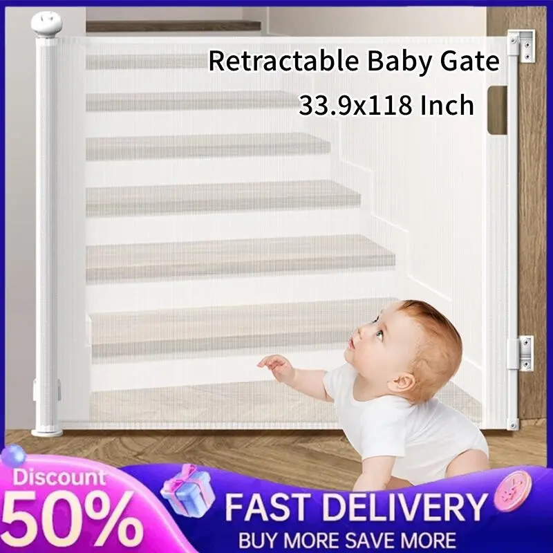 【SG Local Seller】Child Safety Barrier Stairway Guardrail Punch Free Safety Retractable Gate Pet Isolation Fence Protective Net，Extra Wide Safety Kids or Pets Gate(White, 300x86cm)