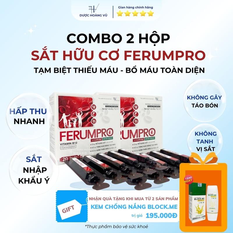 [DHV] COMBO 2 HỘP | Bù lại máu sau sinh FERUMPRO | Sắt hữu cơ không tanh, hấp thu nhanh, hỗ trợ tăng khả năng tạo máu - Kết hợp Vitamin C, B9, B12 | Hộp 20 ống 1