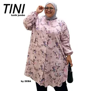 Zeba | Tini Tunik Jumbo LD 120 - 150 Muat BB 70 - 150 kg Rayon Royal Silky Adem Atasan Wanita Basic Kasual / Baju Kerja Kain Katun Lengan Panjang Muslim Nyaman Kancing Saku Samping Motif Bunga Salur dan NonSalur