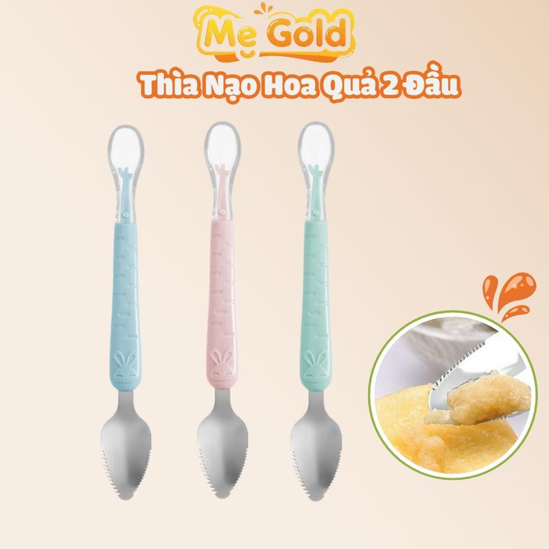 Thìa Nạo Hoa Quả 2 Trong 1 Cho Bé Tập Ăn Dặm - Đầu Inox Và Đầu Silicon Mềm Chất Liệu Cao Cấp Kem Muỗng