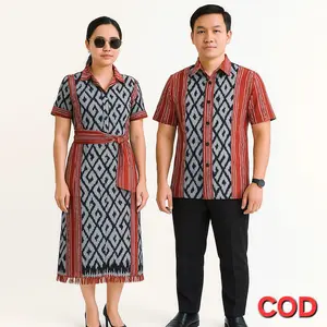 SET COUPLE TENUN JEPARA MODERN WARNA HITAM MERAH DENGAN MOTIF NTT DRESS LENGAN PENDEK WANITA DAN KEMEJA PRIA COCOK UNTUK ACARA FORMAL, PESTA, HINGGA SERAGAM ORANGTUA NIKAH