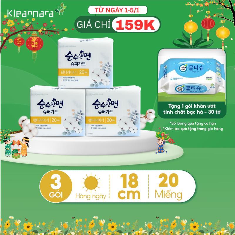 Combo 3 gói Băng vệ sinh KleanNara Soonsoohanmyeon Superguard Panty Liners Hàng ngày Hàn Quốc Size 18cm - 20 miếng gói không cánh