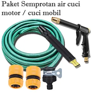 Paket Selang Air Semprotan Cuci Motor Cuci Mobil Siram Tanaman dan Selang Serat Hijau Diameter 1/2 Inch Panjang 5 meter / Semprotan air cuci motor