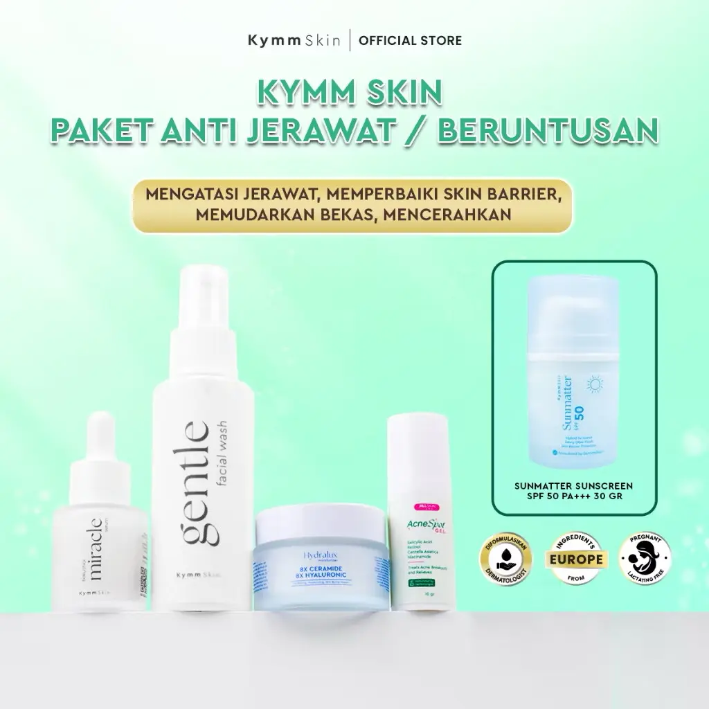 [5pcs] KYMM SKIN Paket Anti Acne / Jerawat / Beruntusan Kymm Skin [Sunscreen, NEW Acne Spot Gel, GENTLE FW 100ml, Bakuchiol Serum 20ML, Hydralux Moisturizer] Perawatan Facial Wajah Treatment Berjerawat Noda Hitam Pencerah Muka