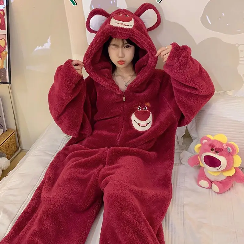 Strawberry Bear One-Piece Coral Velvet Pajamas Female Stylish Simple and Versatile Flannel Cute Cartoon Student Can Be Outerwear Homewear