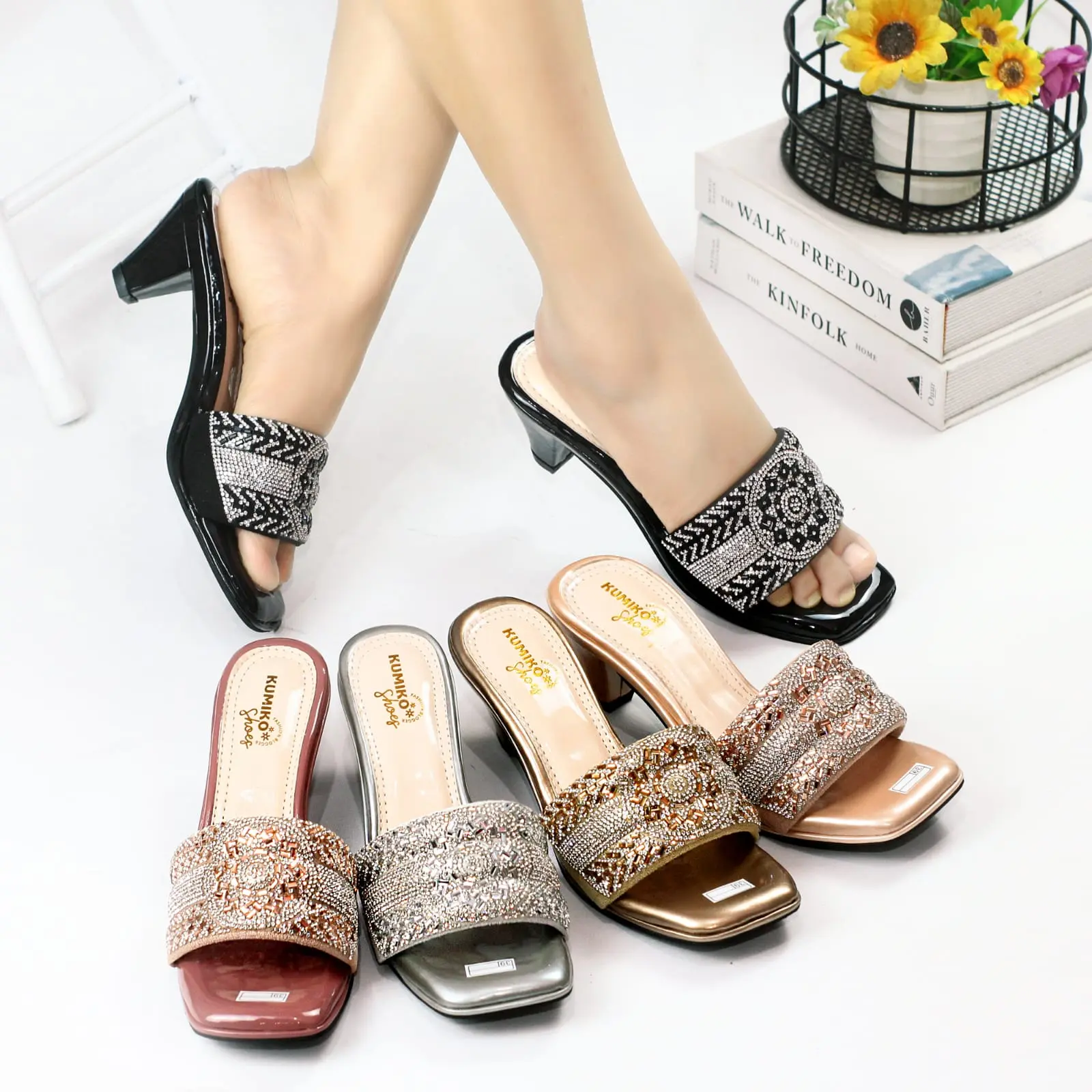 Sandal wanita heels cantik elegan hak lancip 5 cm kokop variasi permata - ARUNA 51