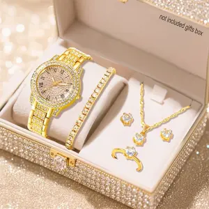 6pcs/1pcs Elegan Wanita Jam Tangan Kuarsa Dan Perhiasan Set - Paduan Emas Wajah Bulat Angka Romawi Termasuk Gelang, Anting Kalung Dan Cincin Sangat Cocok Untuk Perjalanan Dan Malam Kencan Aksesoris Malam Kencan | Set Aksesoris Elegan | Gerakan Kuarsa
