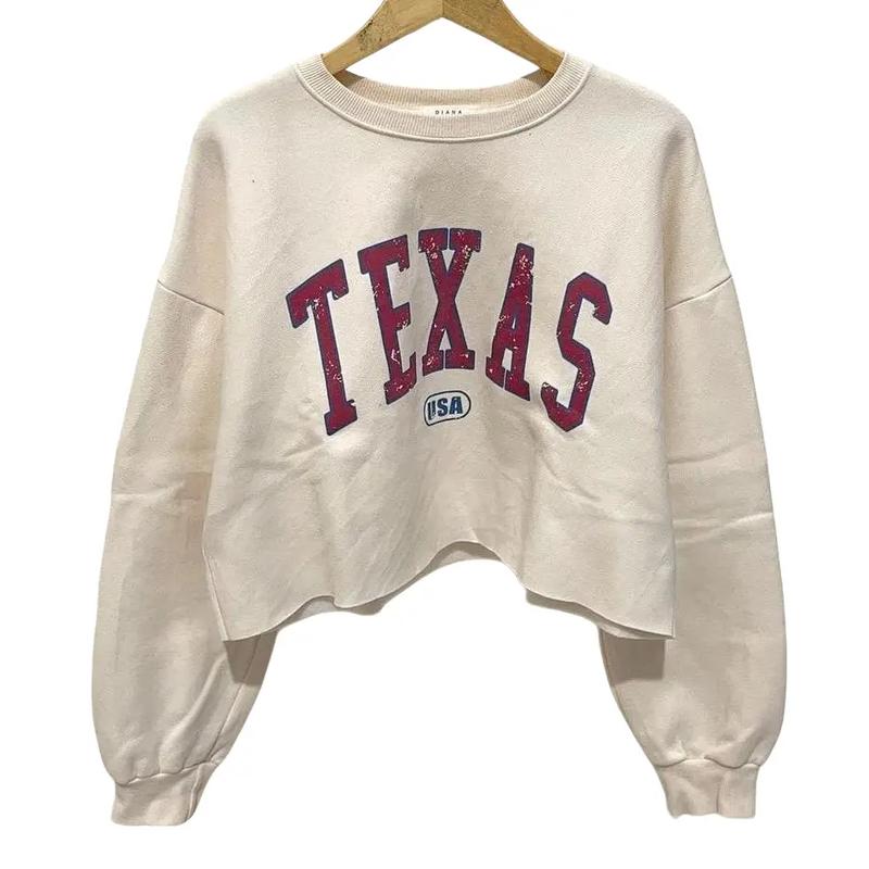 Sweater Wanita Texas Crope Oversize Fleece Fit Putih Atasan Crewneck Tebal Baju Sweatshirt 0