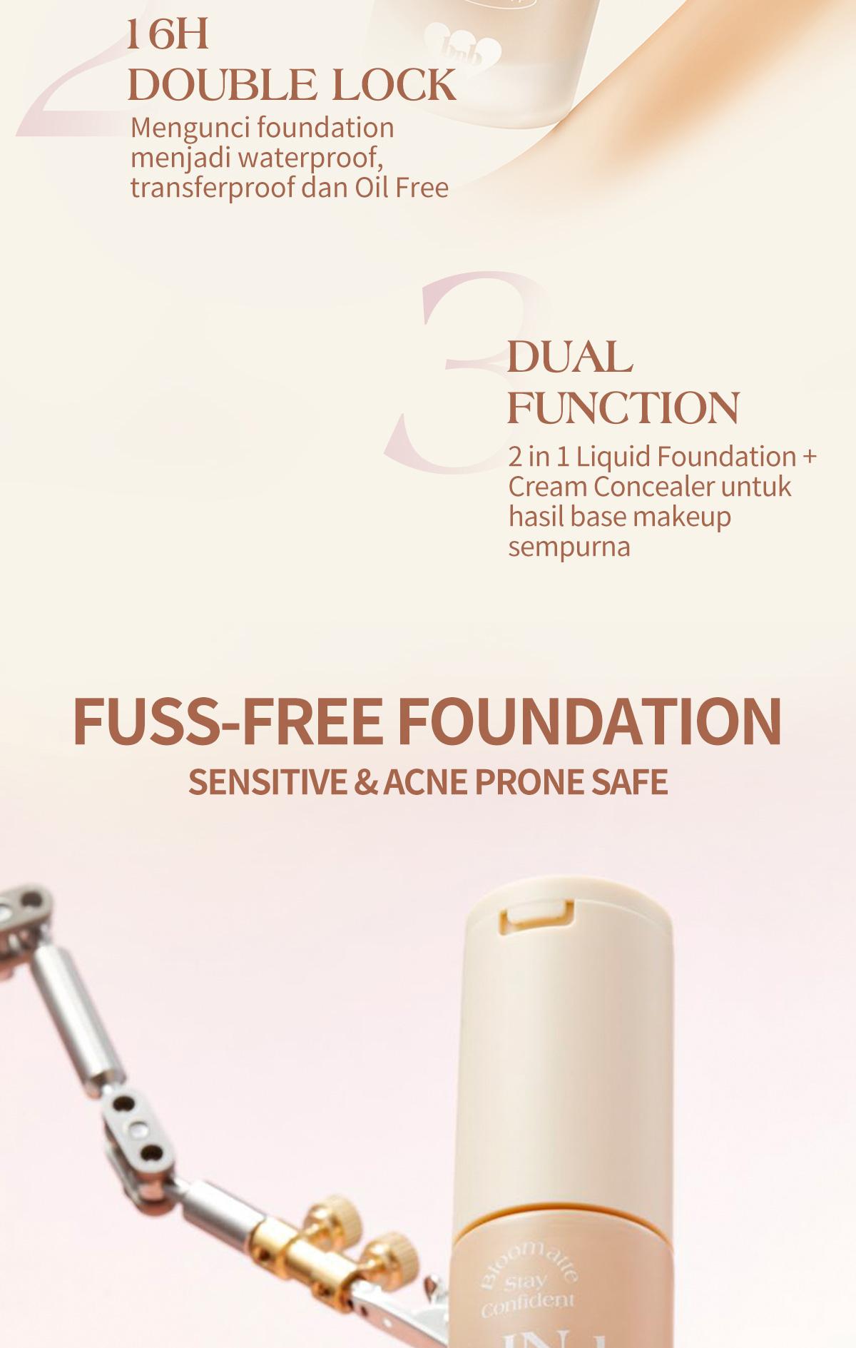 BNB barenbliss Bloomatte Stay Confident 2-in-1 Foundation | Foundation & Concealer, Tahan Lama 16 Jam, Waterproof & Sweatproof, Natural-Matte Finish, SPF 50 PA+++