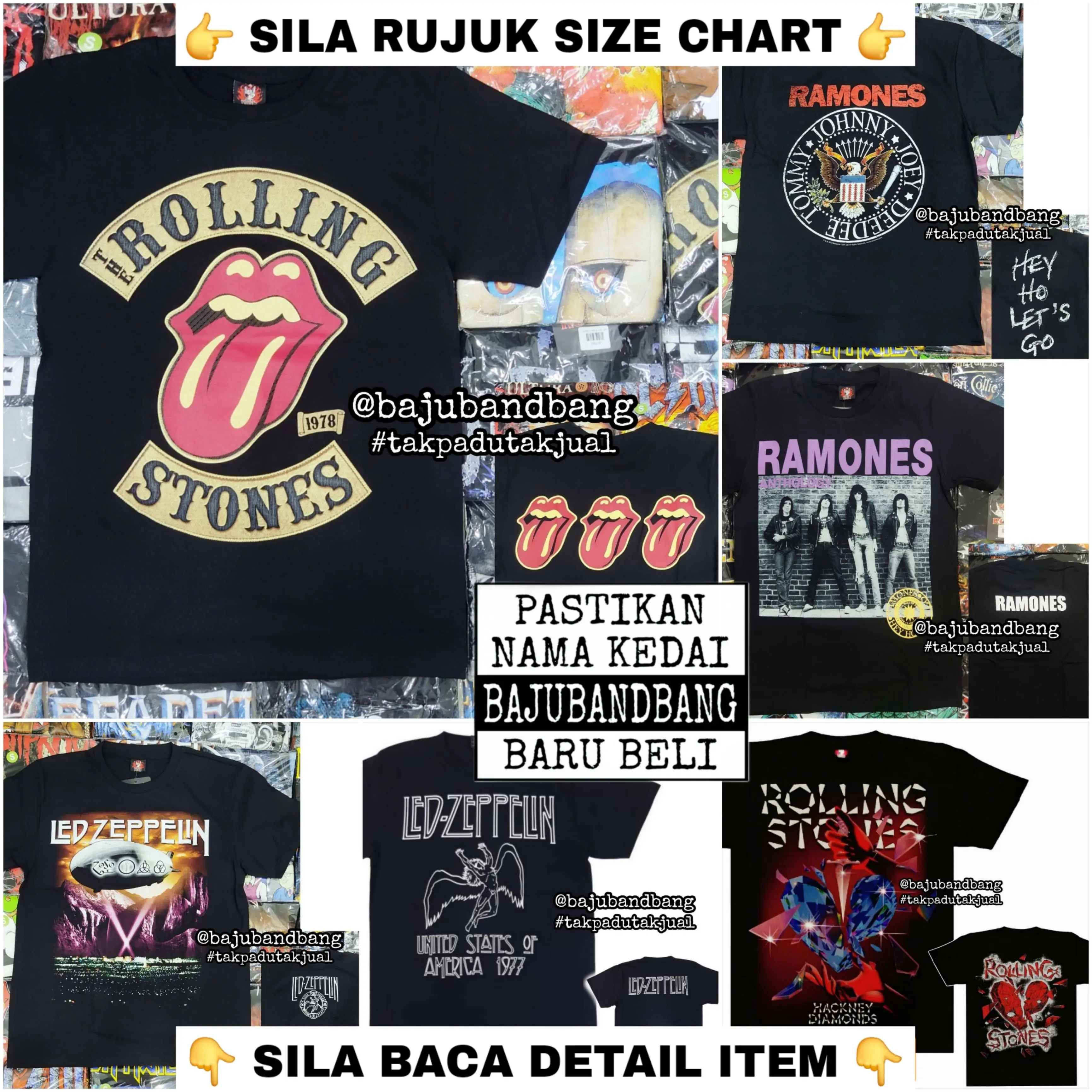 (Pit 18-26) Baju RoIIing St0nes Led ZeppeIin Ram0nes Band Tshirt ROCK YEAH
