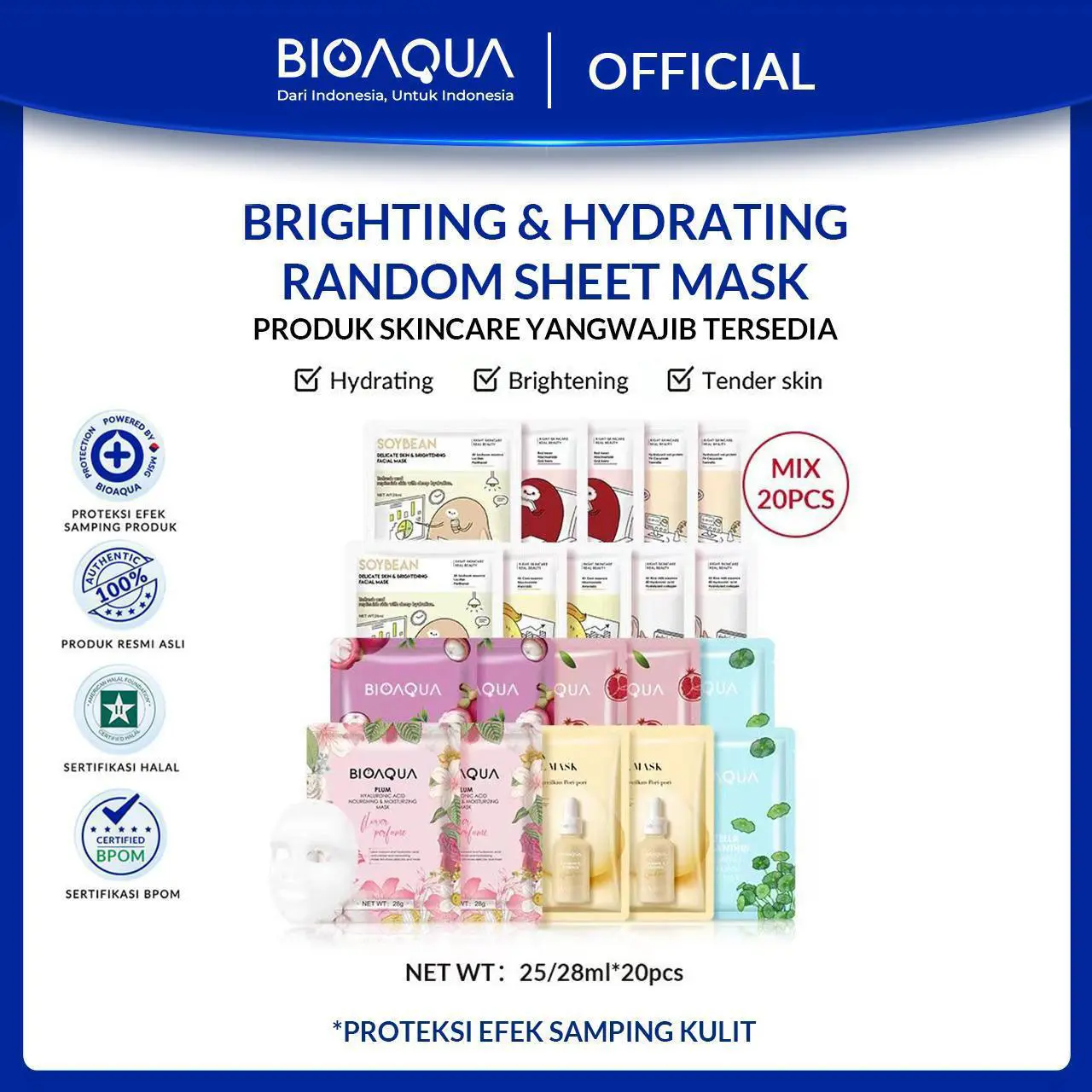 【Mix 20pcs Mask / Mix Flower and 10x Mask Free 1pcs 50ml Essence】BIOAQUA sheet mask Natural serum series Facial Treatment Face Mask wajah wamit Mix glow up masker mencerahkan wajah/set/Berisi spesifikasi 4 dimensi【BPOM】