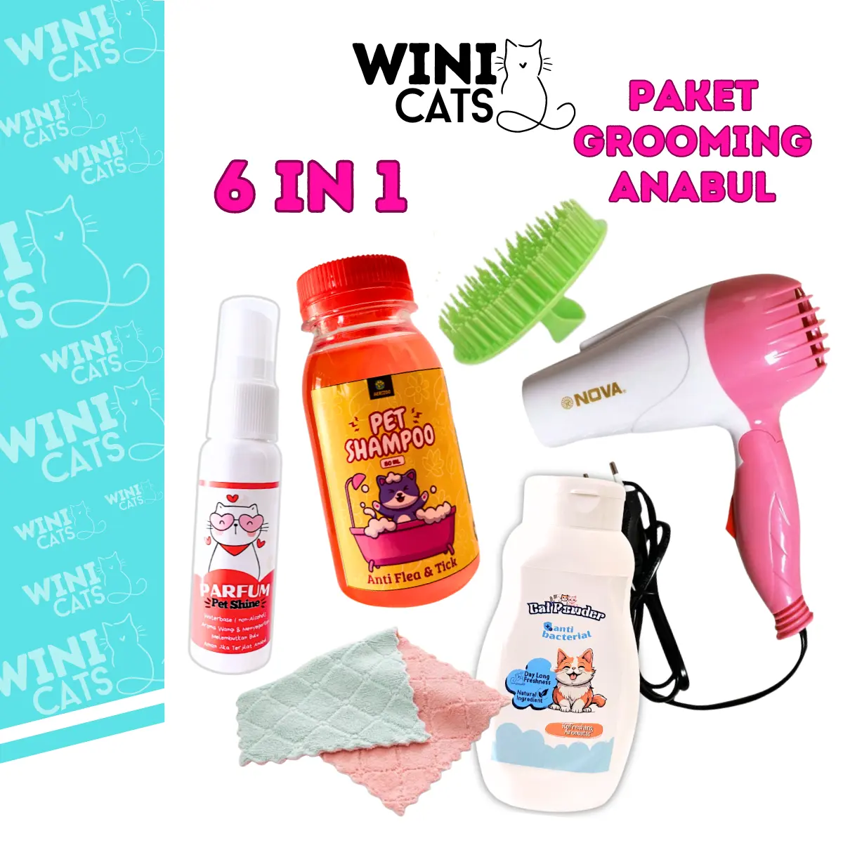 WINICATS Paket Grooming Kucing 6in1 Shampo Anti Kutu Jamur dan Bakteri Paket Lengkap Harga Hemat