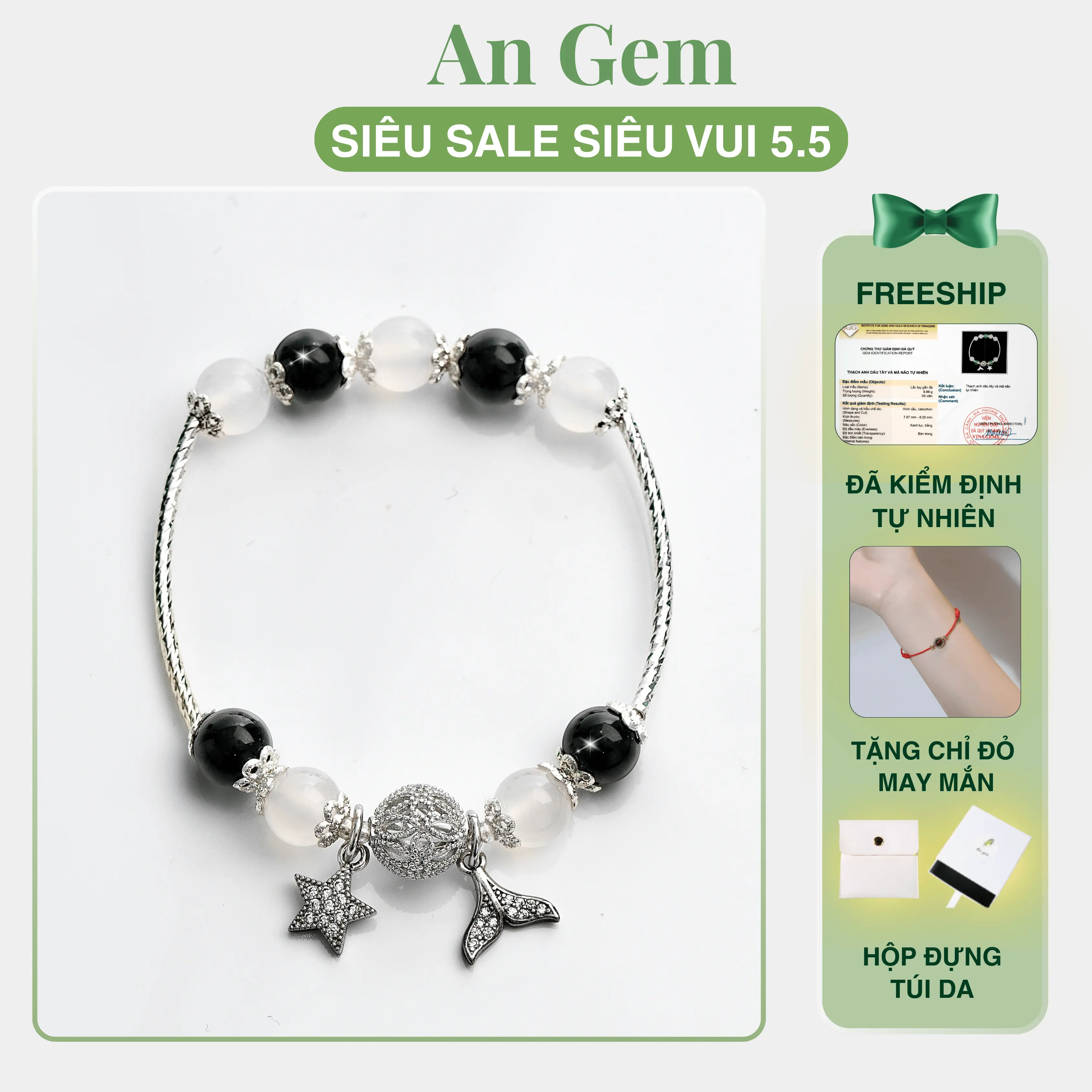 Vòng tay An gem đá obsidian mix mã não trắng kèm charm, lắc tay nữ phong thuỷ đá tự nhiên quà tặng sinh nhật giáng sinh Noel Tết Valentine [TẶNG VÒNG CHỈ ĐỎ]