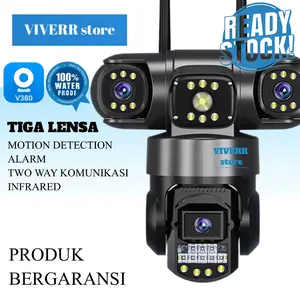 VIVERR store V380 Pro CCTV Kamera Tiga Lensa 4K 8MP Outdoor IP66 Waterproof Pelacakan dengan Alarm Lampu Polisi & Komunikasi Dua Arah Ready Stock Bergaransi Digital Jam Merah Plastik Ponsel Wifi