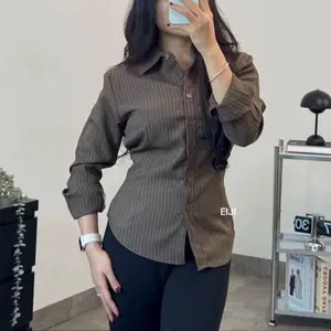 WISPIE KEMEJA FITTED WANITA SHIRT GARIS STRIPE KARET - Atasan Lengan Panjang Kantor Casual Baju Kerja Cewek