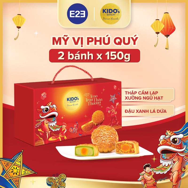 HỘP MỸ VỊ PHÚ QUÝ - Set Bánh Trung Thu Kido's Bakery Cao Cấp (Set gồm 2 bánh 150g, loại 1 trứng vị : Thập Cẩm Lạp Xưởng Ngũ Hạt, Đậu Xanh Lá Dứa ) | E2E Thực Phẩm Đồ Ăn | Kido Group