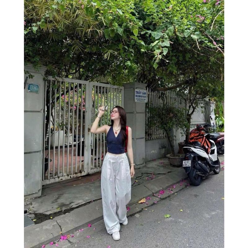 [Ảnh thật] Áo cổ yếm ONNI.STUDIO họa tiết sọc mùa hè buộc dây khoá kéo lưng thun 2 lớp co dãn Freesize - A002 3