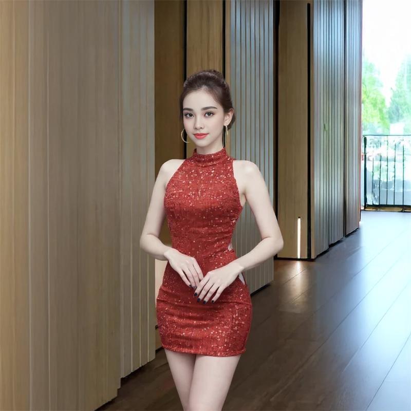 dambody BD9054 Váy Body Cổ Yếm Ôm Sát Đính Kim Sa - Đầm Dự Tiệc Sang Chảnh Lấp Lánh