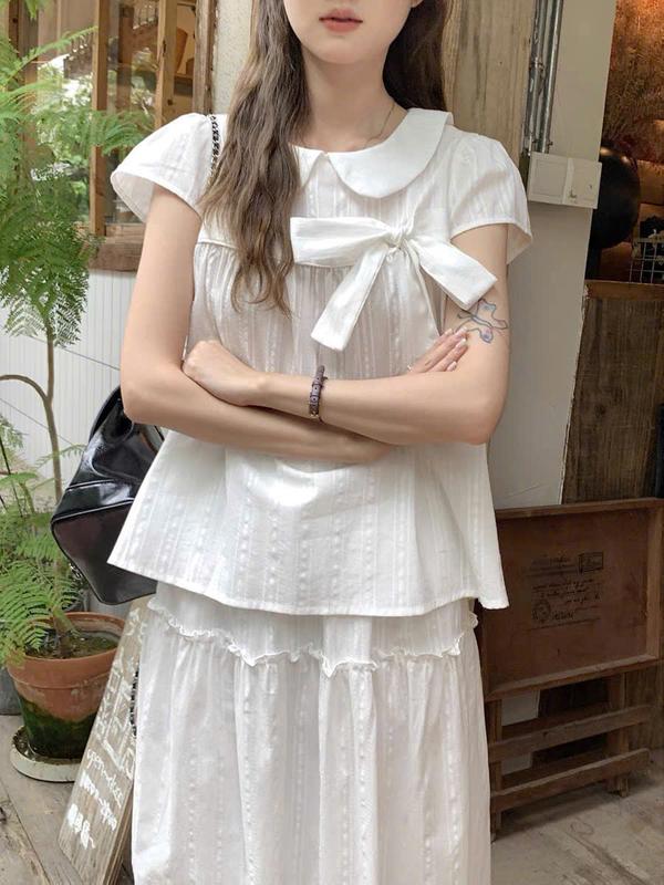 Áo sơ mi nữ A.764, Áo sơ mi cổ sen tay hến phối nơ to lệch dáng lửng dễ thương, dễ phối đồ - Shop Chấm Bi