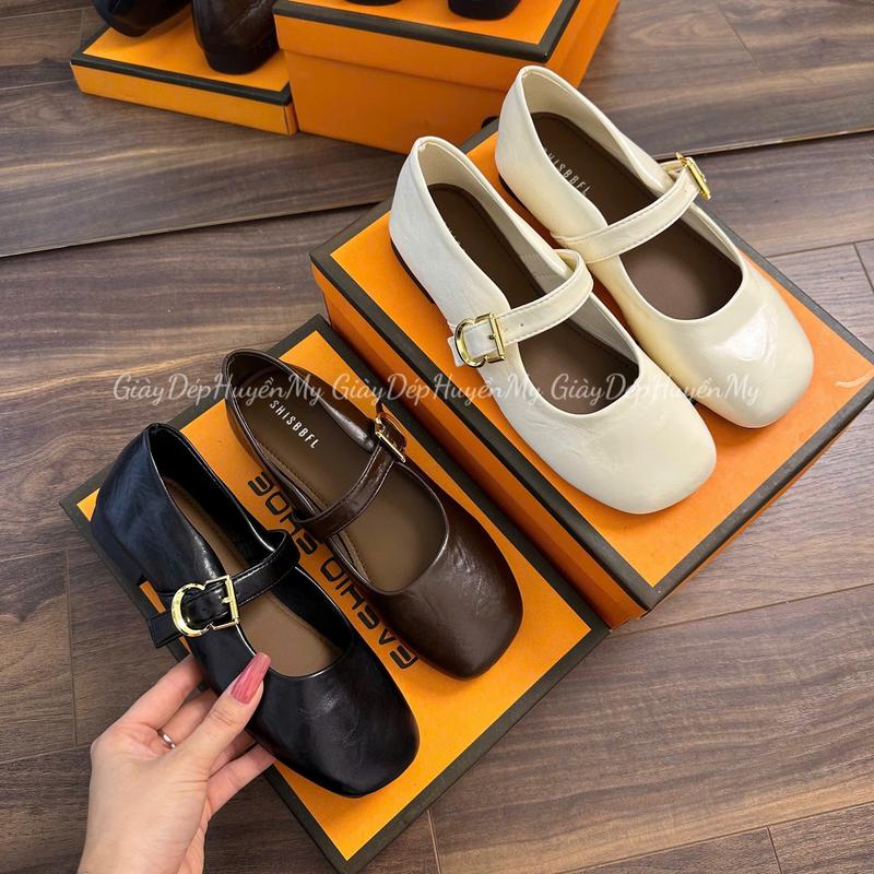 Giày Dép Huyền My Giày búp bê nữ da lì mềm quai ngang phối khuy cạnh hàng cao cấp full hộp LT46