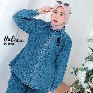 Oneset/setcel Jeans wash Bordir Polloo Kuda Hitam