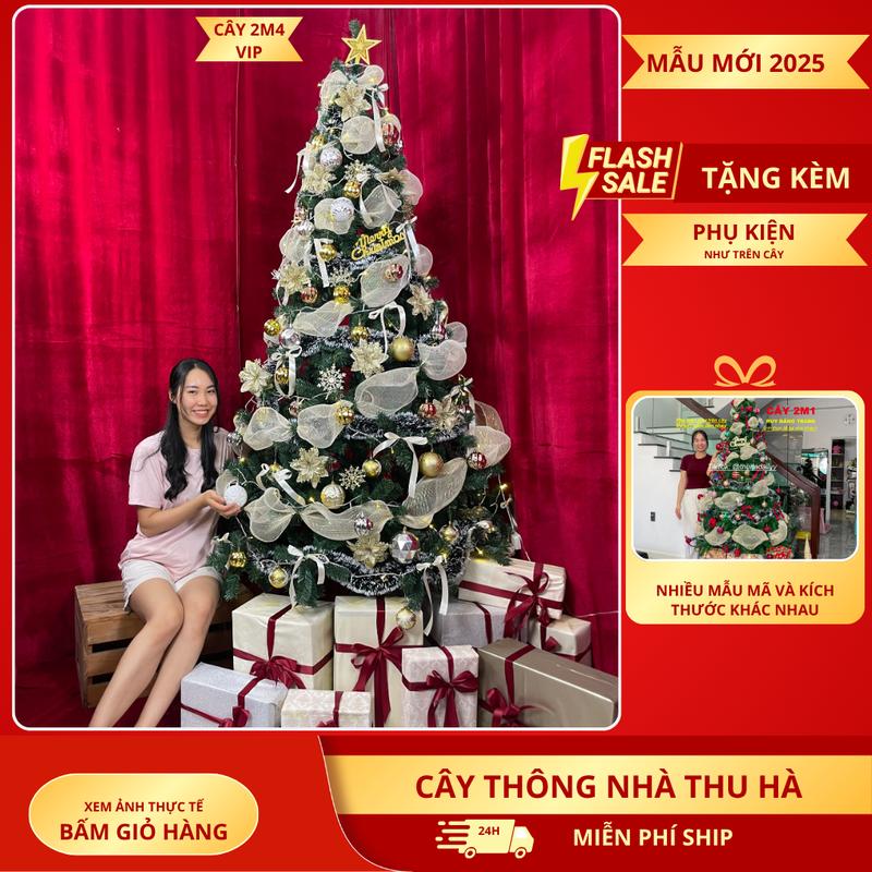MẪU 2025 Cây Thông Noe 2M4 VIP Kèm Full Phụ Kiện Trang Trí Giáng Sinh Cao Cấp Việt Nam Tặng Dây Ruy Băng Châu VIP Dây Chồn Tuyết Chất Liệu Sợi PVC Màu Xanh Lá