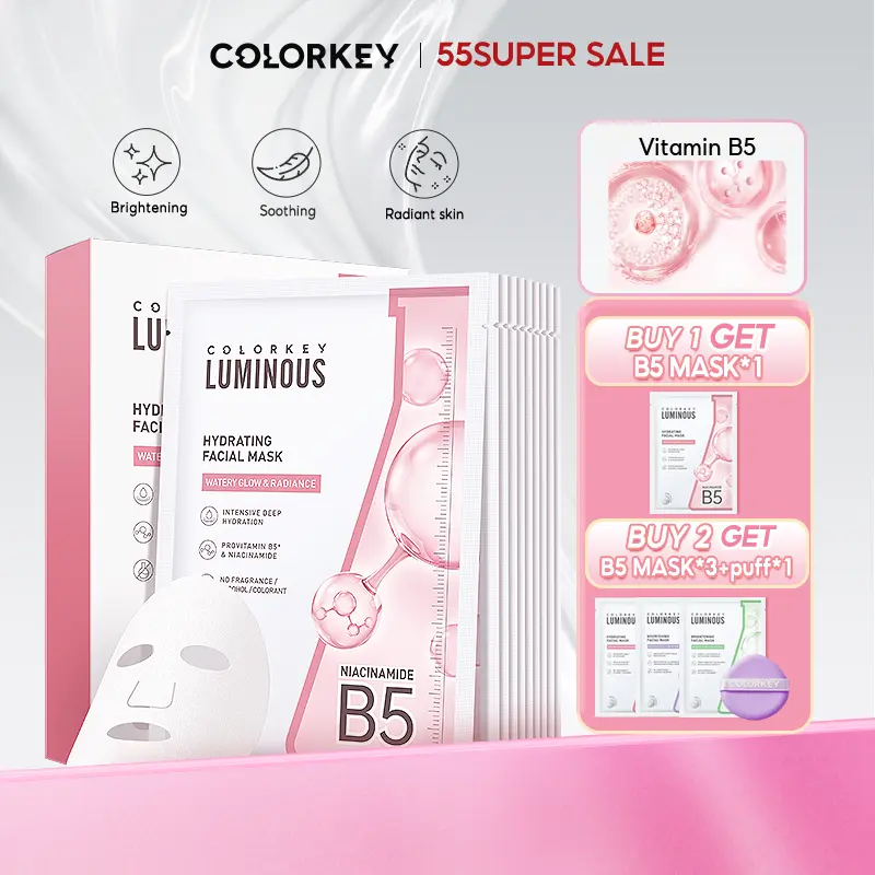 [Buy 1 Get 1 Free] COLORKEY LUMINOUS B5 Facial Sheet Masks 250ml*1box (1box=10pcs) hydrating nourishing brightening smoothing nicotinamide+Freebie:B5 Facial Sheet Masks 25ml*1pc
